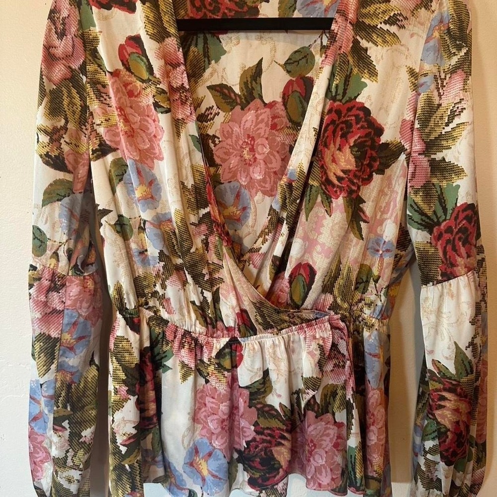 Guess floral blouse with pink, red, and blue flowers with green leaves, size S
